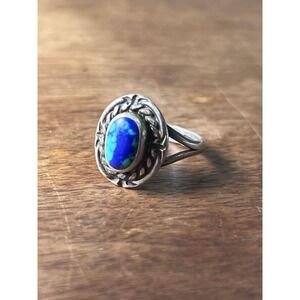 Vtg Azurite Malachite And Sterling Silver Ring Sz.4.5 Pinky Kids Jewelry Tested
